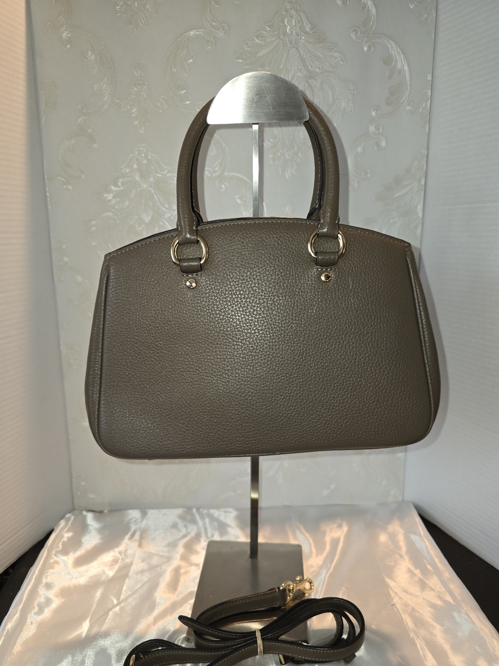 Coach Taupe Pebbled Leather Satchel with Leopard Scarf Accent - Picture 2 of 11